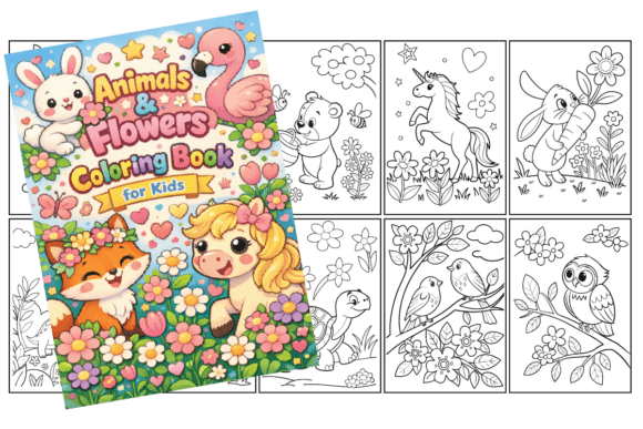 Cute Animals Flowers Coloring Book -10: Graphics & Coloring Pages