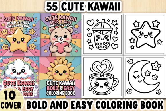 Cute Kawaii Bold and Easy Coloring Book Graphics