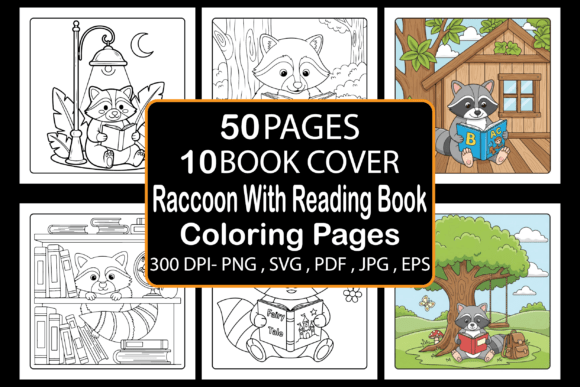 Raccoon with Reading Book Coloring Pages Graphics